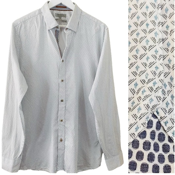 Ted Baker Men’s 100% Cotton‎ Blue/White Abstract Print Button Down Shirt Size XL